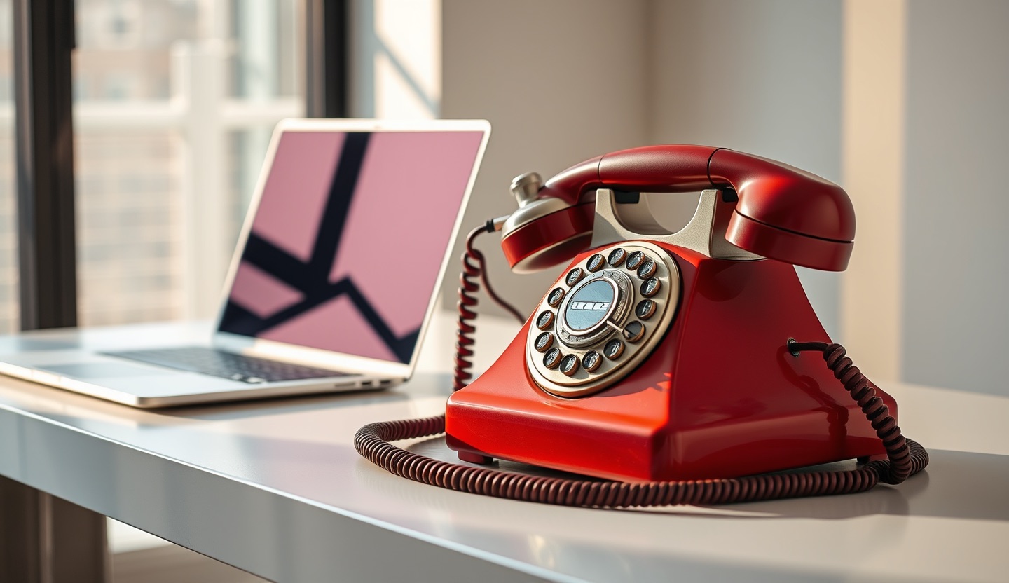 Un téléphone à cadran vintage posé sur un bureau moderne à côté d'un ordinateur portable